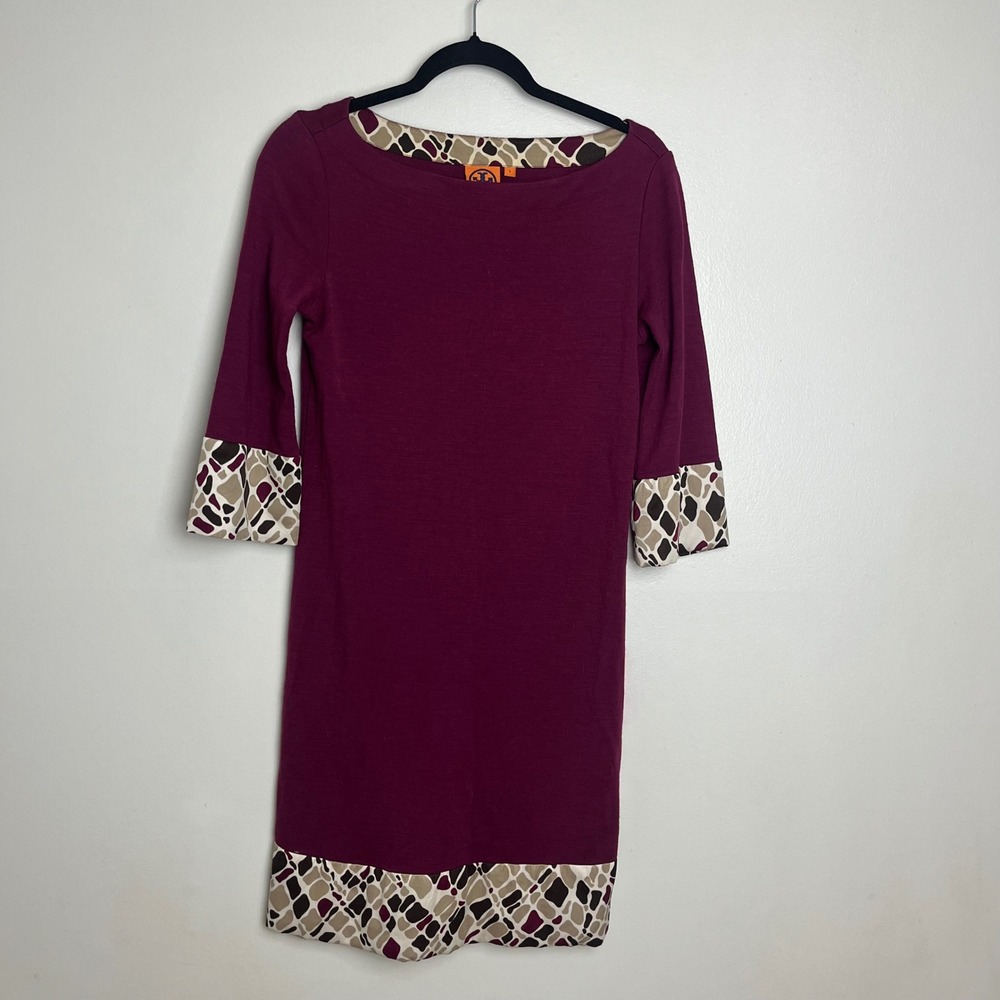 Tory Burch Abstract Burgundy Wool Crew Neck 3/4 Sleeve Knit‎ Mod Dress Size S